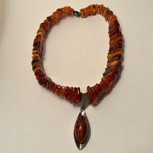 Lithuanian Baltic Amber Chunky Beaded Collar Necklace with Drop Pendant